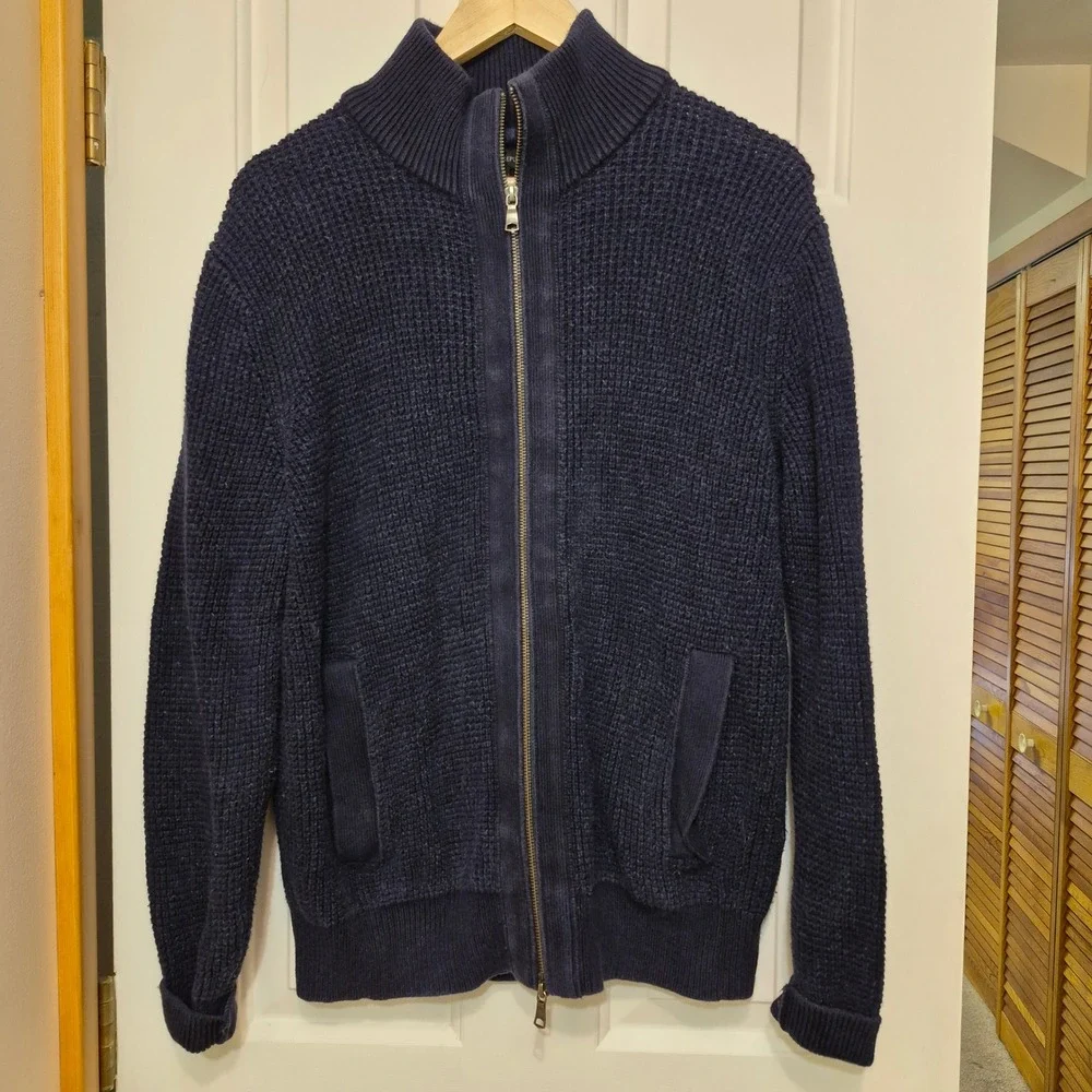 Banana Republic Mens Navy Blue Waffle Knit Full Zip Cardigan Sweater Large L
